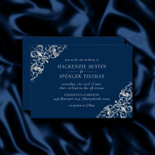 Invitación Art Deco Filigree   Boda azul de la Marina Gris Pl