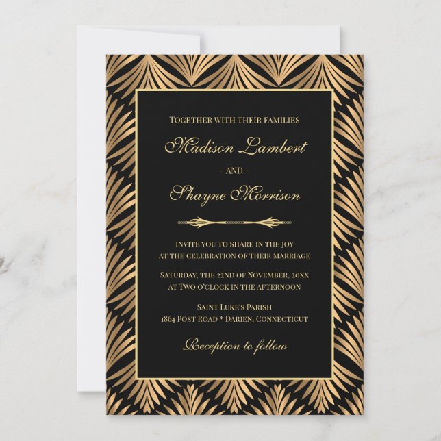 Invitación Art Deco Floral Oro Negro Gran Gatsby Boda (Anverso)