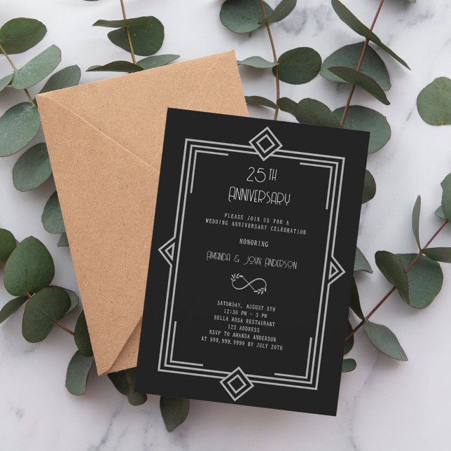 Invitación Art Deco Gatsby black 25th wedding anniversary (Subido por el creador)