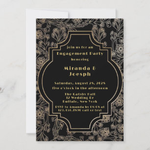 Invitación Art Deco Gatsby Black Gold Flower Engagement Party