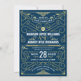 Invitación Art Deco Gatsby Boda Elegant Oro Azul oscuro