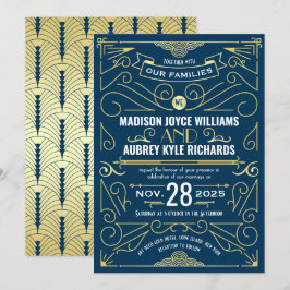 Invitación Art Deco Gatsby Boda Elegant Oro Azul oscuro
