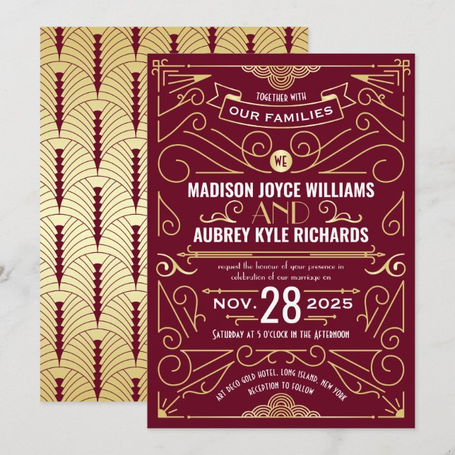 Invitación Art Deco Gatsby Boda Elegante Oro Borgoña (Anverso / Reverso)
