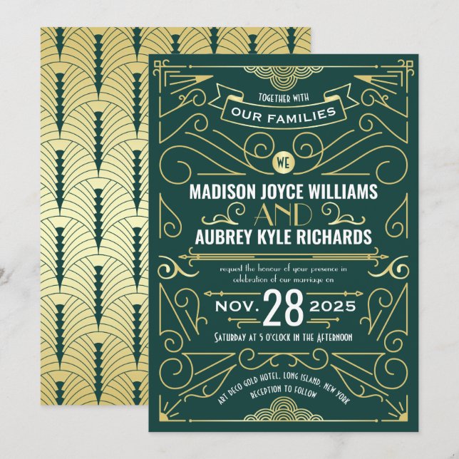 Invitación Art Deco Gatsby Boda Elegante Oro Verde Oscuro (Anverso / Reverso)