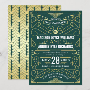 Invitación Art Deco Gatsby Boda Elegante Oro Verde Oscuro