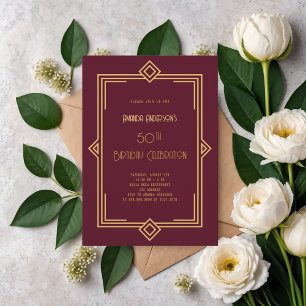 Invitación Art Deco Gatsby burgundy cumpleaños de oro
