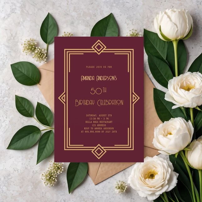 Invitación Art Deco Gatsby burgundy cumpleaños de oro (Subido por el creador)