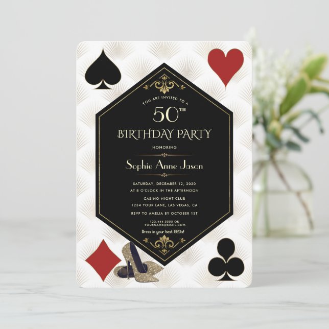 Invitación Art Deco Gatsby Casino Royale Poker cumpleaños (Anverso de pie)