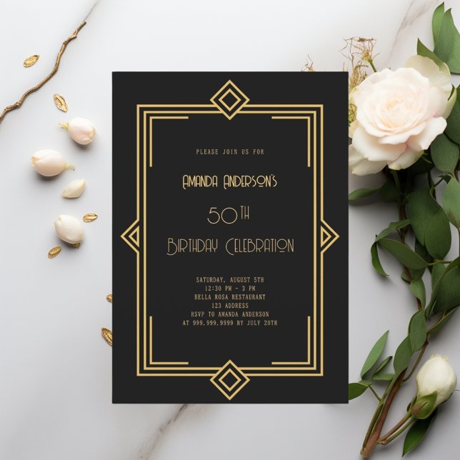 Invitación Art Deco Gatsby cumpleaños de oro negro (Subido por el creador)