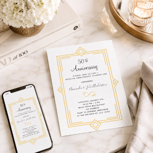 Invitación Art Deco Gatsby dorado 50 aniversario de bodas