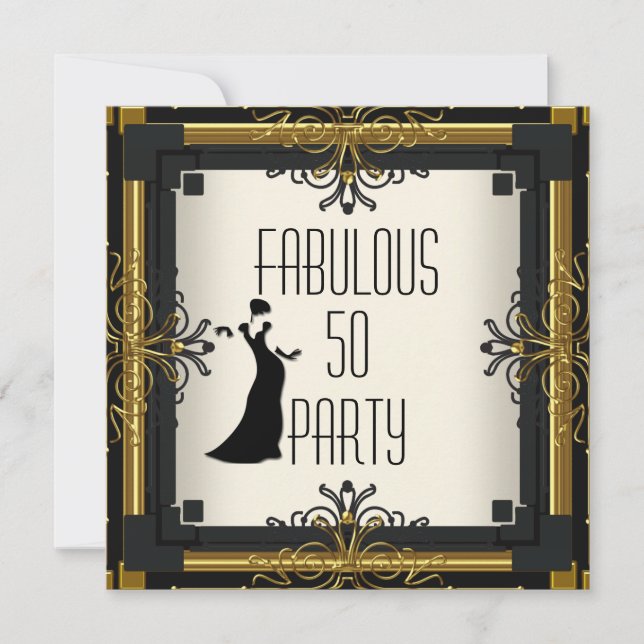 Invitación ART DECO Gatsby Fabulous 50 50th Gold Cream Black (Anverso)