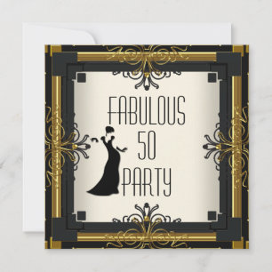 Invitación ART DECO Gatsby Fabulous 50 50th Gold Cream Black