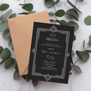 Invitación Art Deco Gatsby negro 25 aniversario de bodas