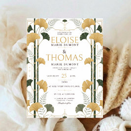Invitación Art Deco Ginkgo Boda Botánico Bamboo Oro
