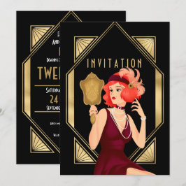 Invitación Art Deco Glam Chica 21 cumpleaños oro negro