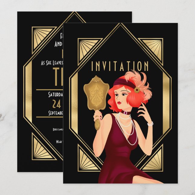 Invitación Art Deco Glam Chica 30 cumpleaños oro negro (Anverso / Reverso)