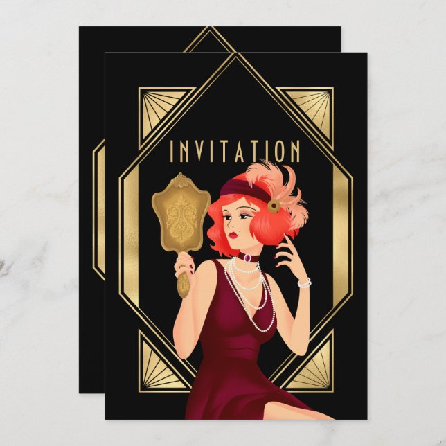 Invitación Art Deco Glam Chica 60th Birthday Gold Black (Anverso / Reverso)