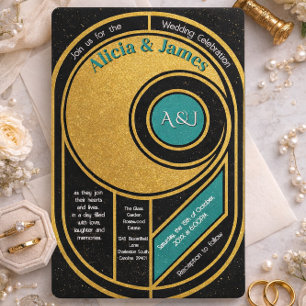 Invitación Art Deco Glam Oro & Azul Turquesa Boda Gran Gatsby