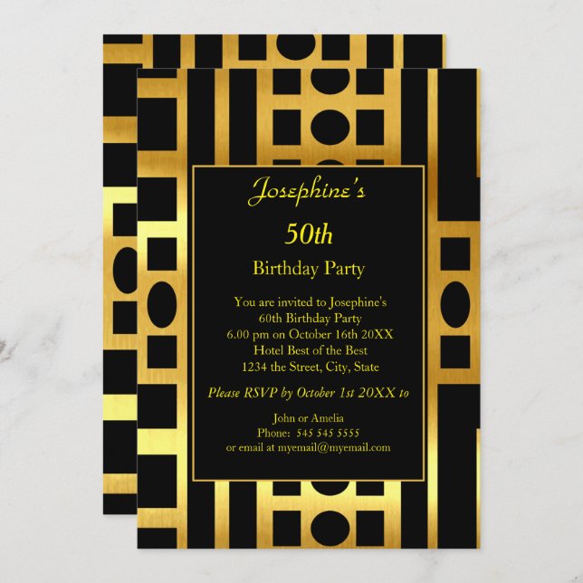Invitación Art Deco Gold Black 50th Cumpleaños Party (Anverso / Reverso)