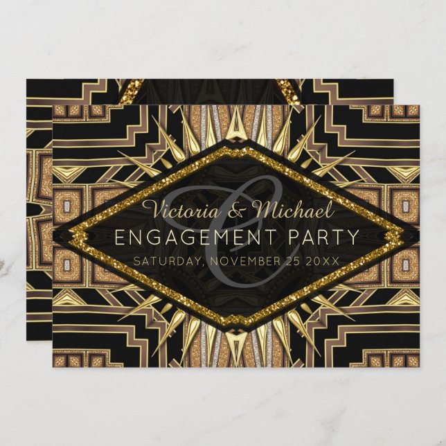 Invitación Art Deco Gold + Black Stylish Engagement Party (Anverso / Reverso)