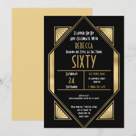 Invitación Art Deco Gold Frame 60 cumpleaños fiesta negro