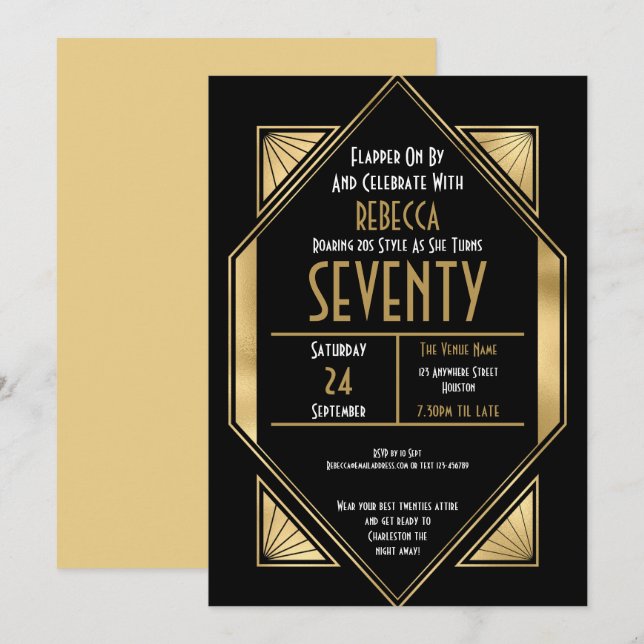 Invitación Art Deco Gold Frame 70th Birthday Party Black (Anverso / Reverso)