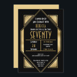 Invitación Art Deco Gold Frame 70th Birthday Party Black<br><div class="desc">Elegante estilo art déco para invitar a sus huéspedes a una velada de 20 años con esta elegante invitación dorada y negra para su fiesta de cumpleaños número 70. En la parte delantera, la tipografía está dentro del marco de estilo de los años 20 y puedes personalizar fácilmente la tipografía...</div>