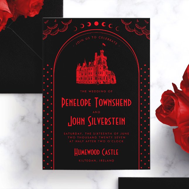 Invitación Art Decó Gótico Boda Castillo Negro Rojo (Gothic Art Deco Red Black Castle Wedding Invitation)