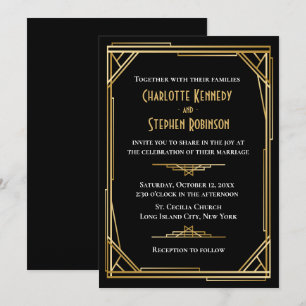 Invitación Art Deco Gran Gatsby Elegante Boda Negra y Dorada
