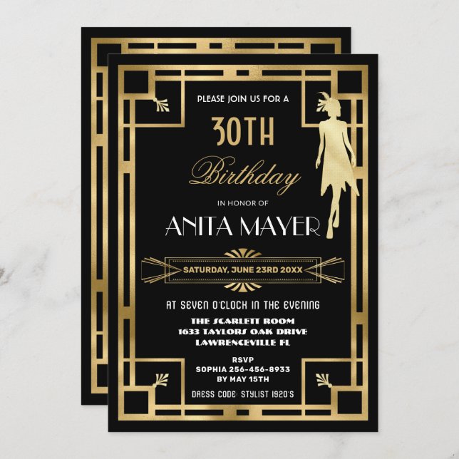 Invitación Art Deco Gran Gatsby en los años 20 Cumpleaños CUA (Anverso / Reverso)