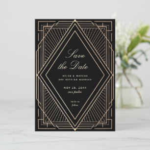 Invitación Art Deco Guardar la fecha Faux Gold Black