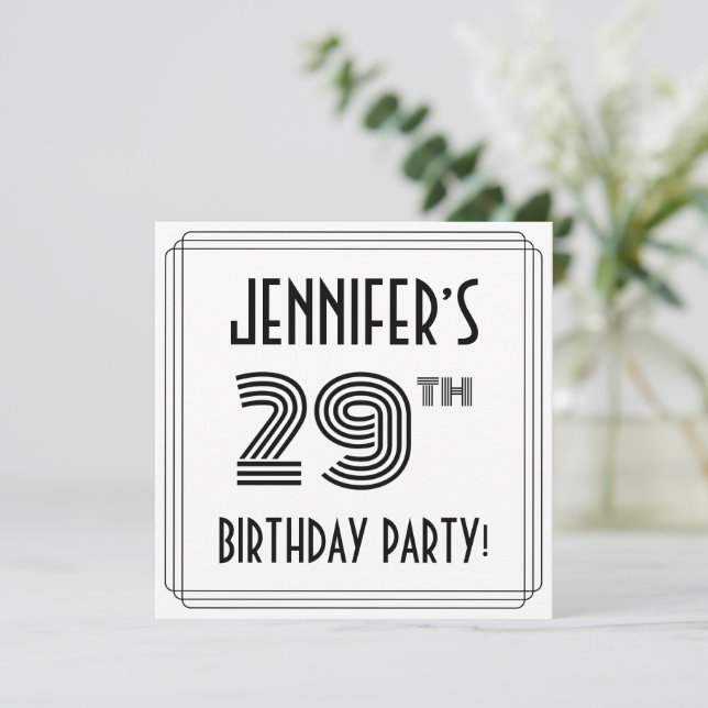 Invitación Art Decó Inspirado 29º cumpleaños, nombre personal (Anverso de pie)
