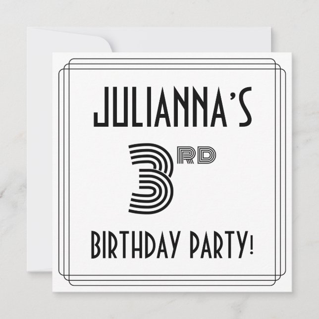 Invitación Art Deco inspirado 3er cumpleaños Fiesta, nombre p (Anverso)