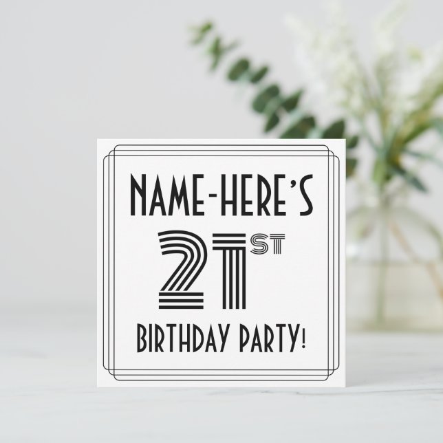 Invitación Art Deco Inspired 21st Birthday Party, Custom Name (Anverso de pie)