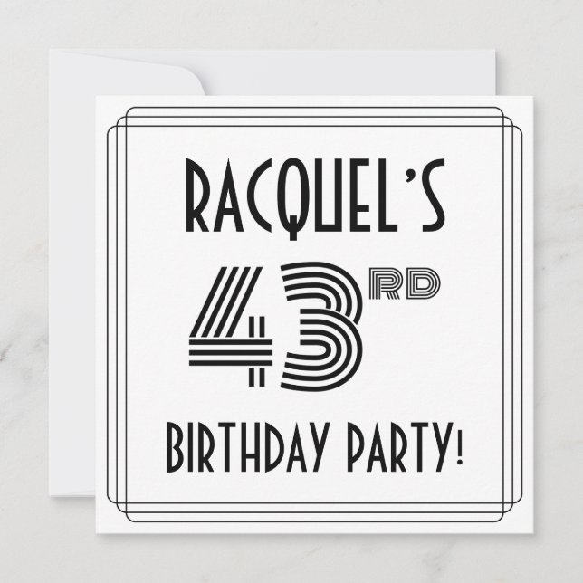 Invitación Art Deco Inspired 43rd Birthday Party, Custom Name (Anverso)