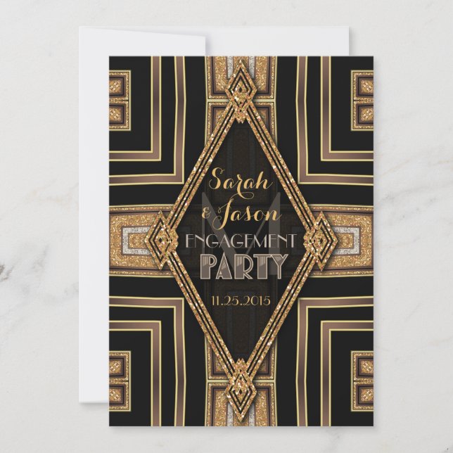 Invitación Art Deco Moderno Black Gold Engagement Party (Anverso)