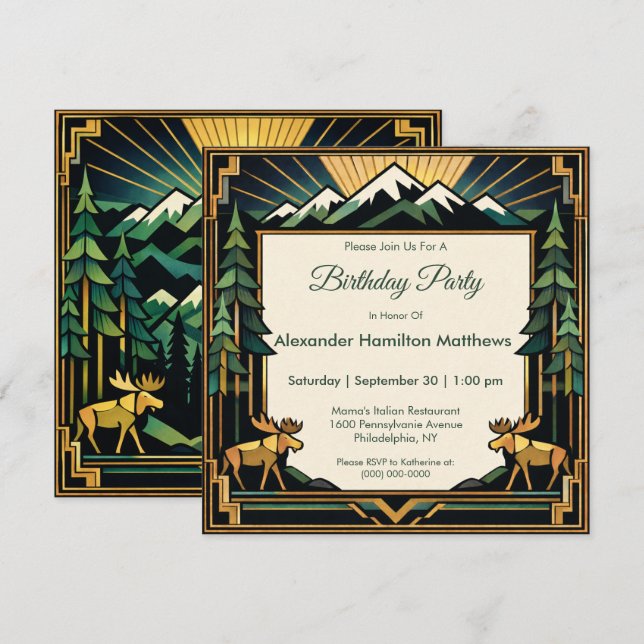 Invitación Art Deco Mountain Forest Birthday Party (Anverso / Reverso)