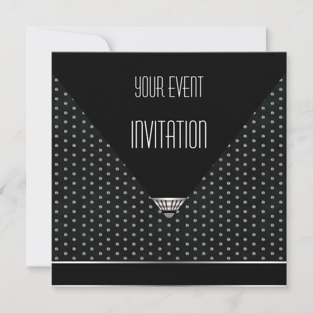 Invitación Art Deco Negro Plateado Blanco con Luna (Anverso)