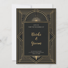 Invitación Art Deco Negro Sol Radiante Geométrico Elegante