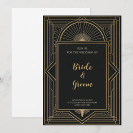 Invitación Art Deco Negro Sol Radiante Geométrico Elegante