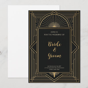 Invitación Art Deco Negro Sol Radiante Geométrico Elegante