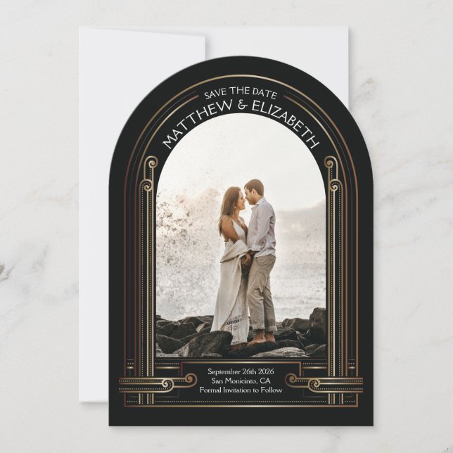 Invitación Art Deco Negro y Bronce Arco Salva la Fecha (Anverso)
