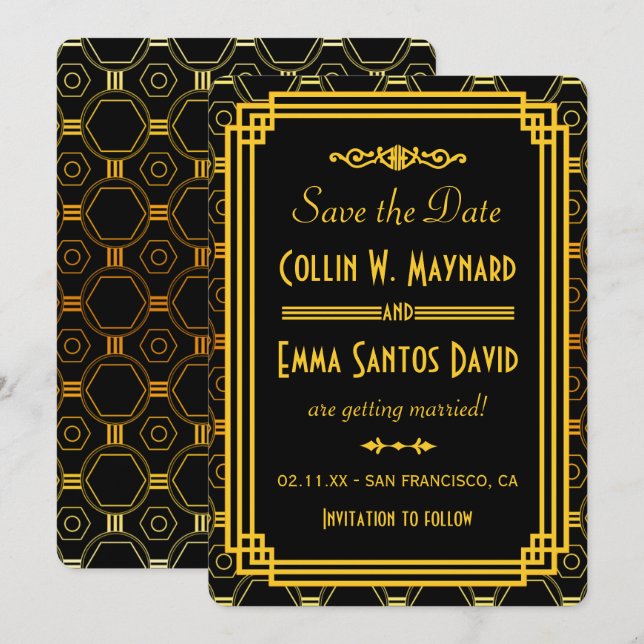 Invitación Art Deco Negro y Dorado Aviso de Fecha (Anverso / Reverso)
