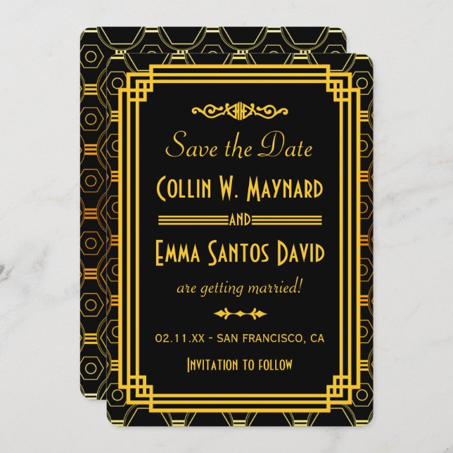 Invitación Art Deco Negro y Dorado Salva la Fecha (Anverso / Reverso)
