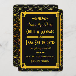 Invitación Art Deco Negro y Dorado Salva la Fecha