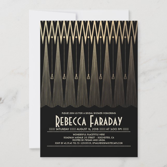 Invitación Art Deco Negro y Gold Gatsby Bridal Shower (Anverso)