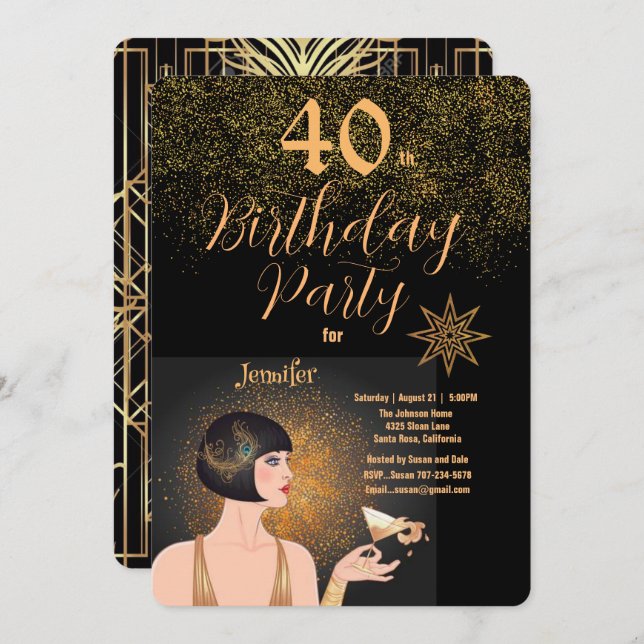 Invitación Art Deco Negro y Oro 40 Fiesta de cumpleaños (Anverso / Reverso)
