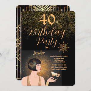 Invitación Art Deco Negro y Oro 40 Fiesta de cumpleaños