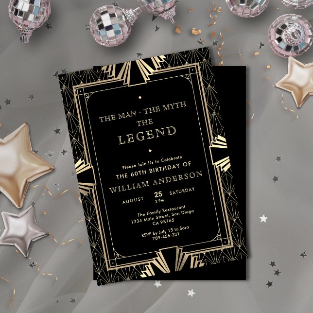 Invitación Art Deco Negro y Oro El Hombre El Mito La Leyenda (Art Deco Black & Gold The Man The Myth The Legend Invitation)