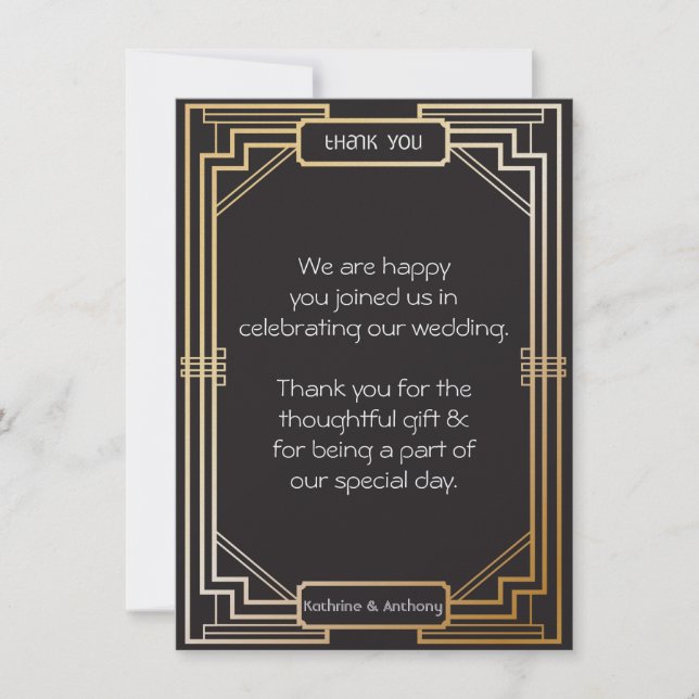 Invitación Art Deco Negro y Oro Gatsby Gracias (Anverso)